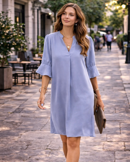 Bibiana Vestito Donna – Scollo a V Maniche Corte, Taglio Dritto Mini Fluido Tinta Unita Estate
