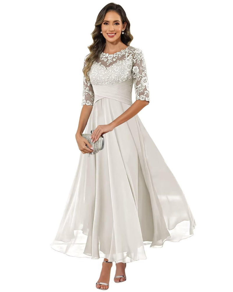 Olanthe Abito da Sera Donna – Pizzo e Mussola, Maniche 3/4 e Taglio A-Line Elegante