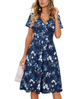 Vestito da donna Evania – Scollo a V incrociato, taglio a linea A e tasche, lunghezza al ginocchio elegante