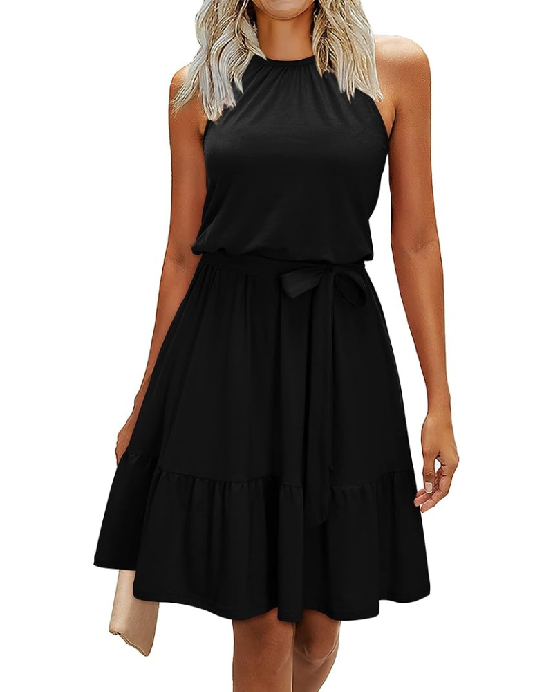Bloom Robe Donna – Collo Halter, Stampa Floreale &amp; Tasche, Taglio A-Line, Lunghezza al Ginocchio