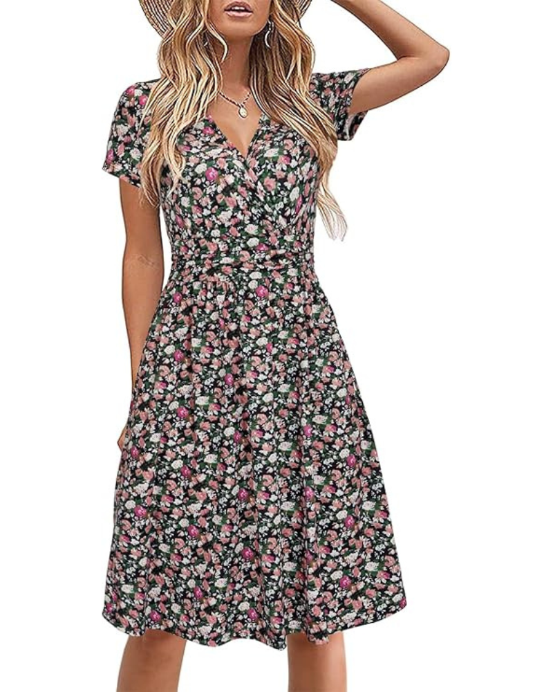 Vestito Donna Genesis – Stampa Floreale, Scollo a V Incrociato &amp; Tasche, Taglio A-Line Elegante