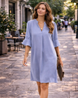 Bibiana Vestito Donna – Scollo a V Maniche Corte, Taglio Dritto Mini Fluido Tinta Unita Estate