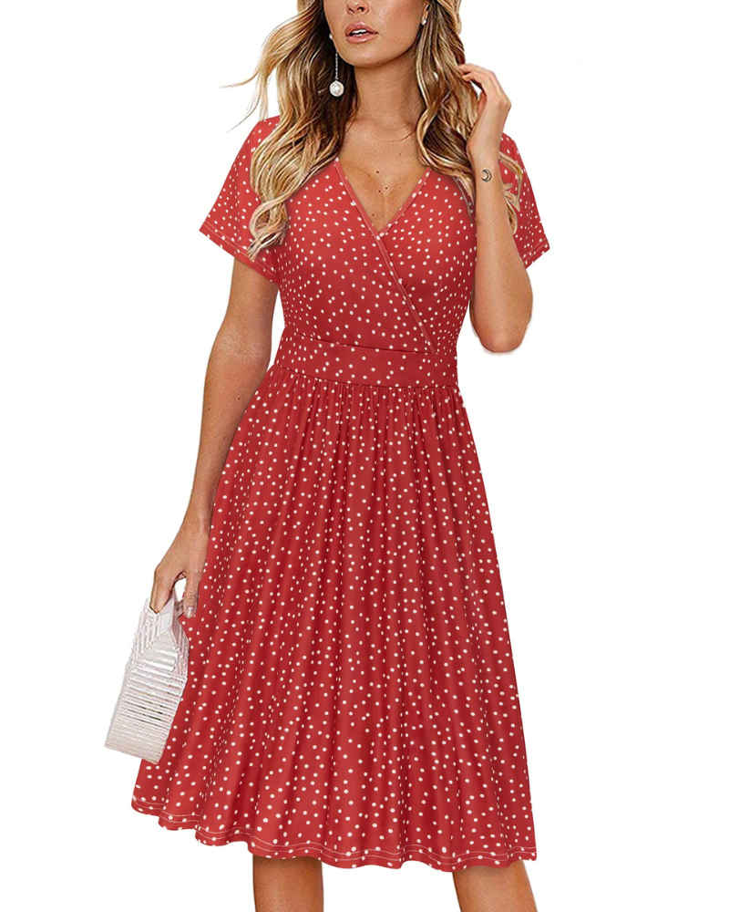 Vestito da donna Evania – Scollo a V incrociato, taglio a linea A e tasche, lunghezza al ginocchio elegante