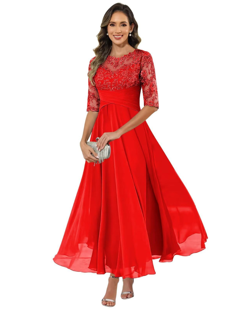 Olanthe Abito da Sera Donna – Pizzo e Mussola, Maniche 3/4 e Taglio A-Line Elegante