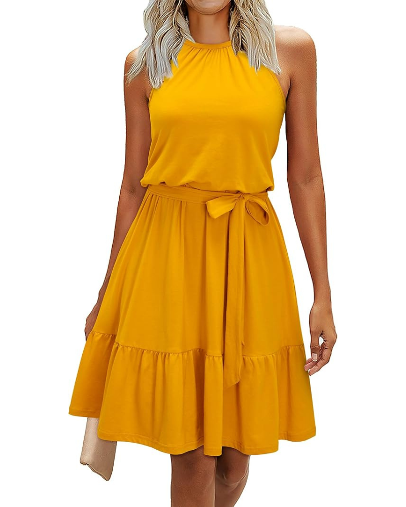 Bloom Robe Donna – Collo Halter, Stampa Floreale &amp; Tasche, Taglio A-Line, Lunghezza al Ginocchio