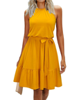 Bloom Robe Donna – Collo Halter, Stampa Floreale & Tasche, Taglio A-Line, Lunghezza al Ginocchio
