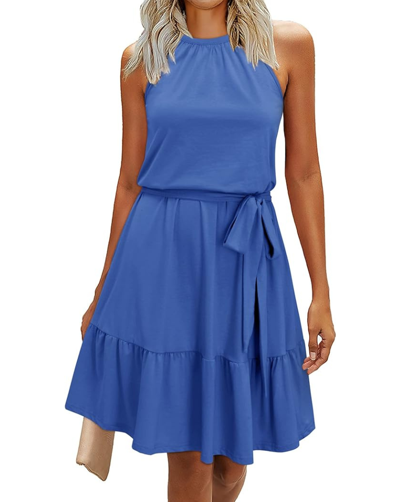 Bloom Robe Donna – Collo Halter, Stampa Floreale &amp; Tasche, Taglio A-Line, Lunghezza al Ginocchio