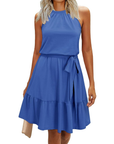 Bloom Robe Donna – Collo Halter, Stampa Floreale & Tasche, Taglio A-Line, Lunghezza al Ginocchio
