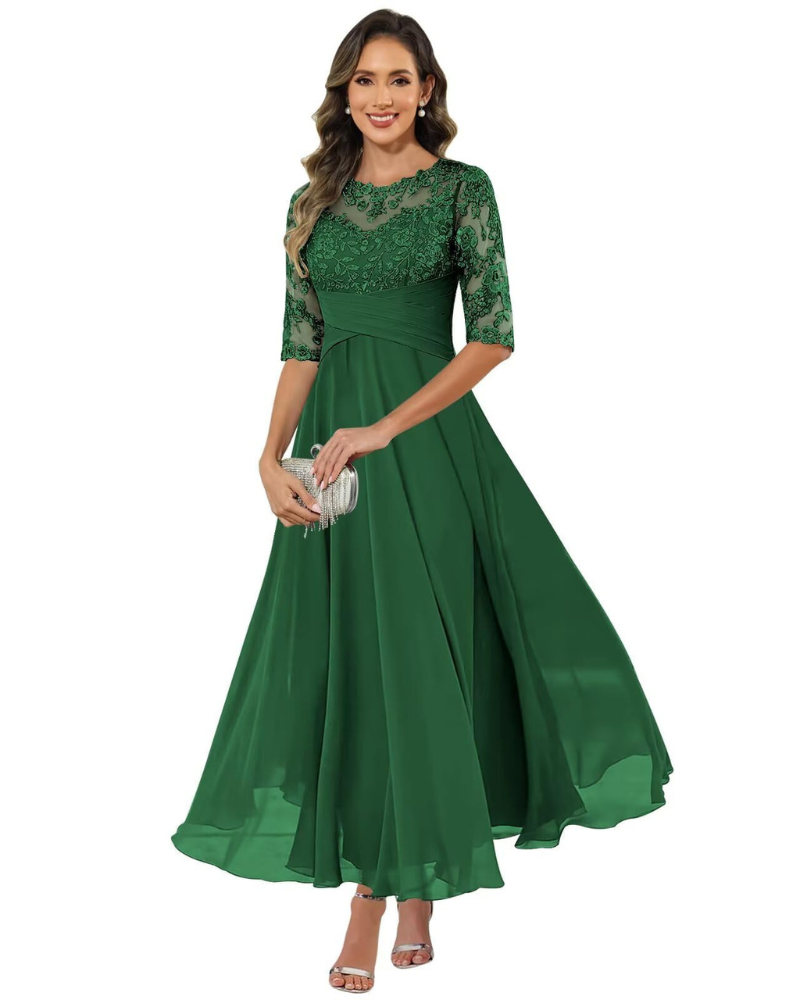 Olanthe Abito da Sera Donna – Pizzo e Mussola, Maniche 3/4 e Taglio A-Line Elegante