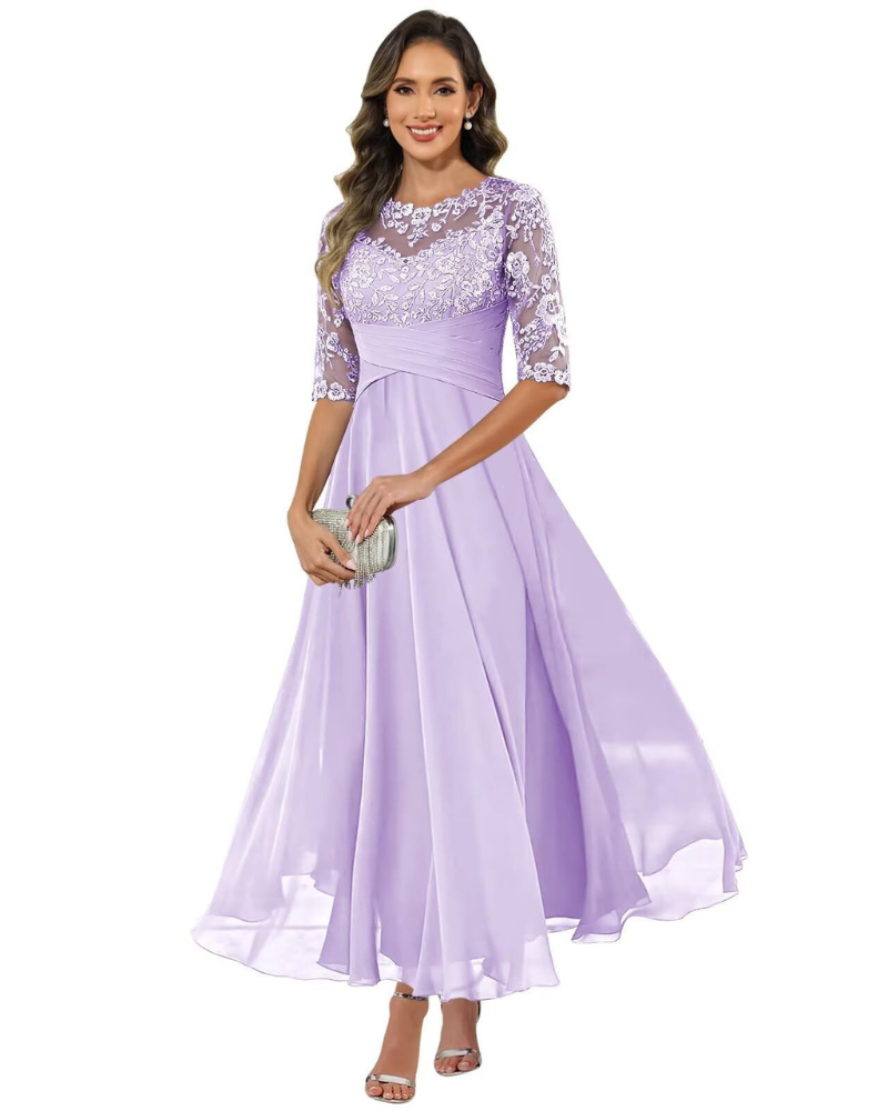 Olanthe Abito da Sera Donna – Pizzo e Mussola, Maniche 3/4 e Taglio A-Line Elegante