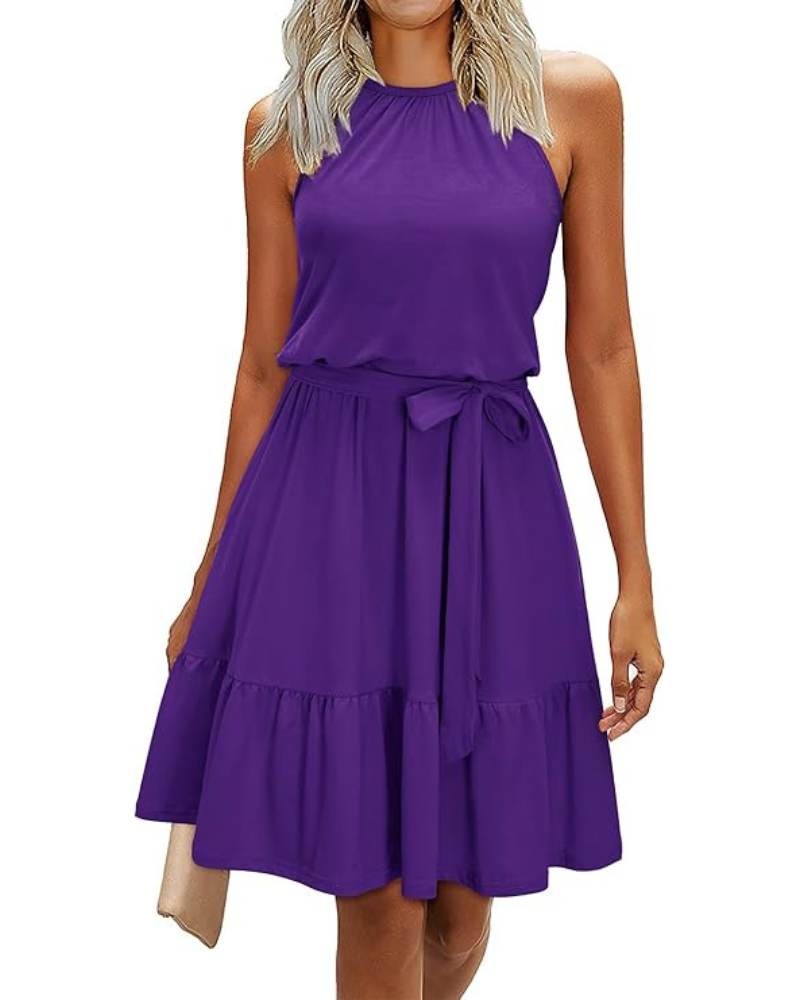 Bloom Robe Donna – Collo Halter, Stampa Floreale &amp; Tasche, Taglio A-Line, Lunghezza al Ginocchio