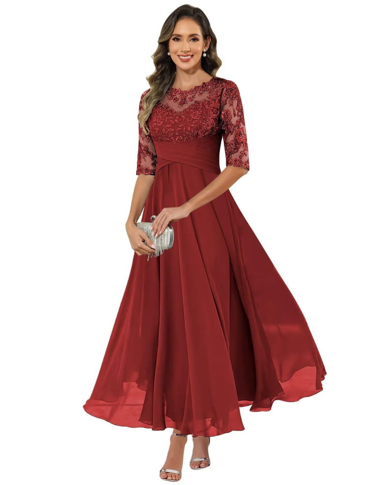 Olanthe Abito da Sera Donna – Pizzo e Mussola, Maniche 3/4 e Taglio A-Line Elegante