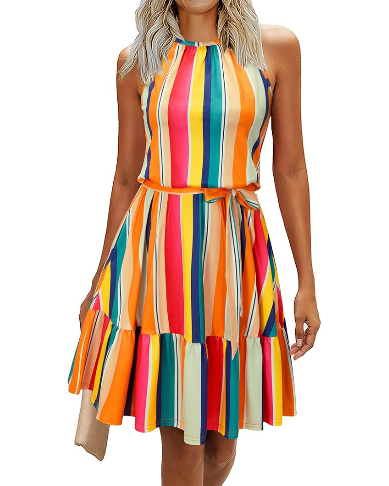 Bloom Robe Donna – Collo Halter, Stampa Floreale &amp; Tasche, Taglio A-Line, Lunghezza al Ginocchio