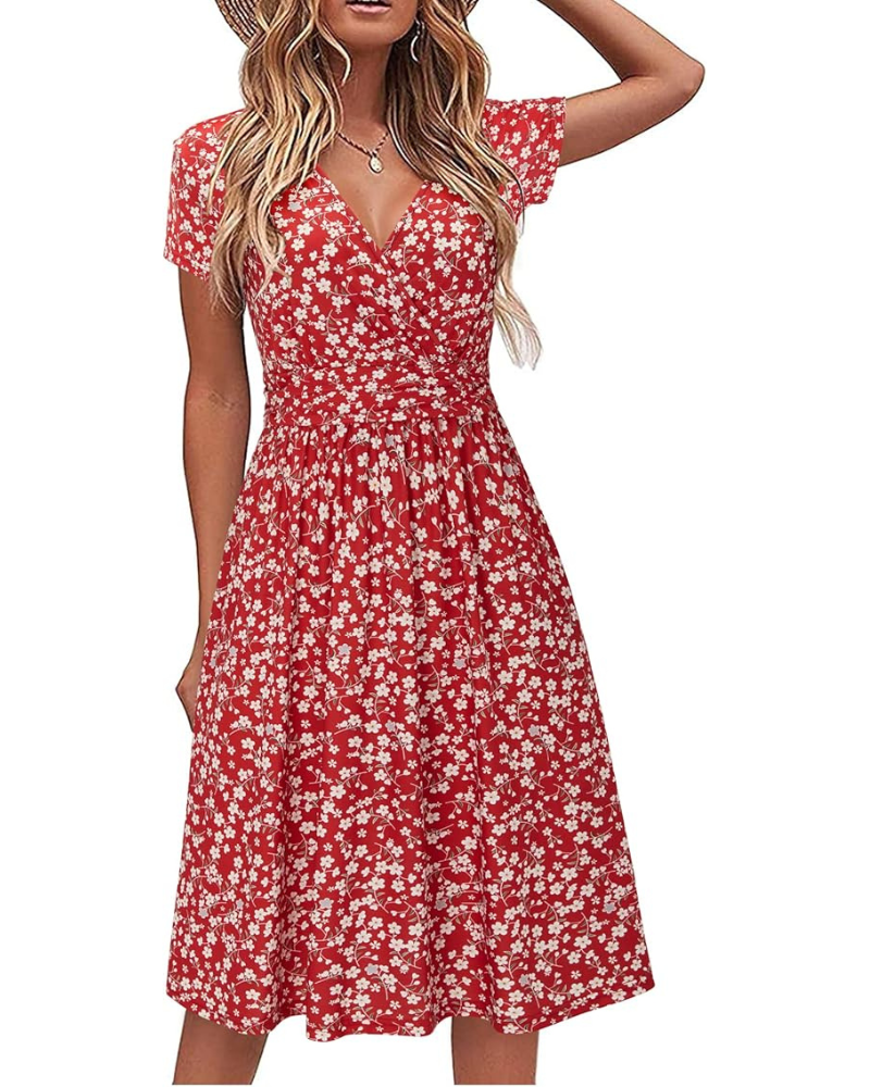 Vestito Donna Genesis – Stampa Floreale, Scollo a V Incrociato &amp; Tasche, Taglio A-Line Elegante