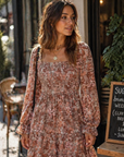 Léa Abito Donna – Abito Bohemien Mini con Scollo Quadrato, Arricciato, Vita Alta, Maniche Lunghe e Volant