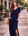 Rosenda Abito Maxi Donna – Scollo a V Maniche Corte, Taglio Fluido e Spacco con Tasche Estate