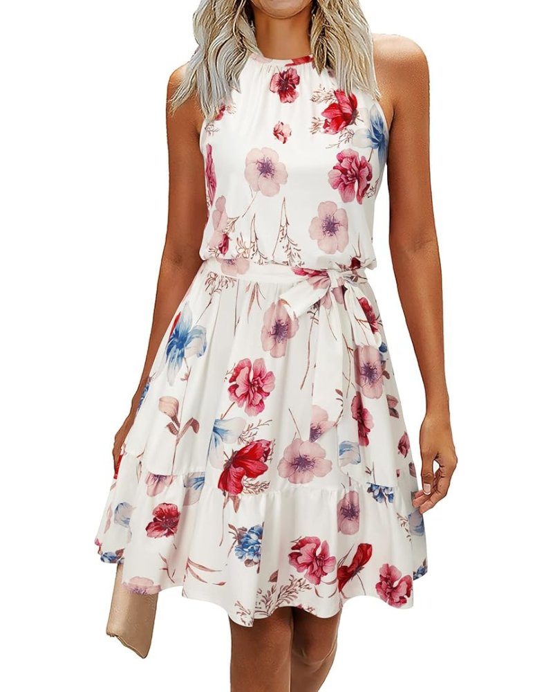 Bloom Robe Donna – Collo Halter, Stampa Floreale &amp; Tasche, Taglio A-Line, Lunghezza al Ginocchio
