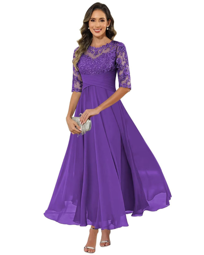 Olanthe Abito da Sera Donna – Pizzo e Mussola, Maniche 3/4 e Taglio A-Line Elegante