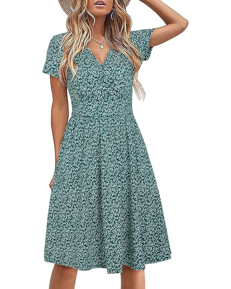 Vestito Donna Genesis – Stampa Floreale, Scollo a V Incrociato &amp; Tasche, Taglio A-Line Elegante