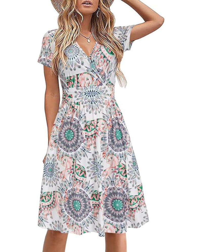 Vestito Donna Genesis – Stampa Floreale, Scollo a V Incrociato &amp; Tasche, Taglio A-Line Elegante