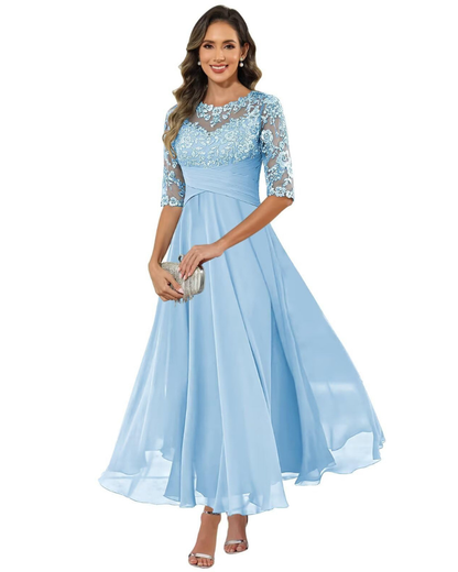 Olanthe Abito da Sera Donna – Pizzo e Mussola, Maniche 3/4 e Taglio A-Line Elegante