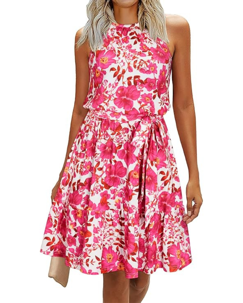 Bloom Robe Donna – Collo Halter, Stampa Floreale &amp; Tasche, Taglio A-Line, Lunghezza al Ginocchio