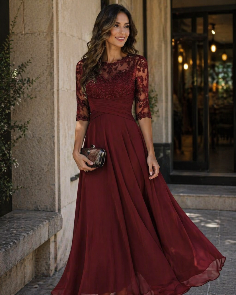 Olanthe Abito da Sera Donna – Pizzo e Mussola, Maniche 3/4 e Taglio A-Line Elegante