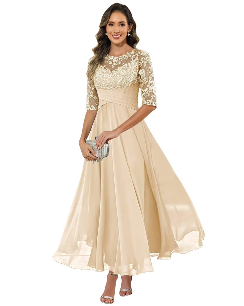 Olanthe Abito da Sera Donna – Pizzo e Mussola, Maniche 3/4 e Taglio A-Line Elegante
