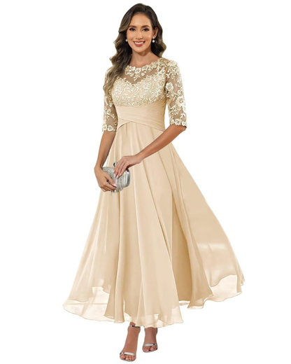Olanthe Abito da Sera Donna – Pizzo e Mussola, Maniche 3/4 e Taglio A-Line Elegante