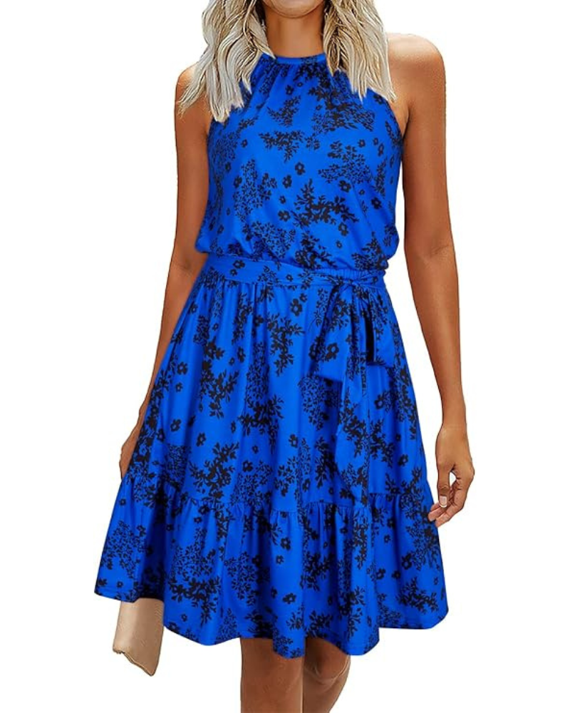 Bloom Robe Donna – Collo Halter, Stampa Floreale &amp; Tasche, Taglio A-Line, Lunghezza al Ginocchio