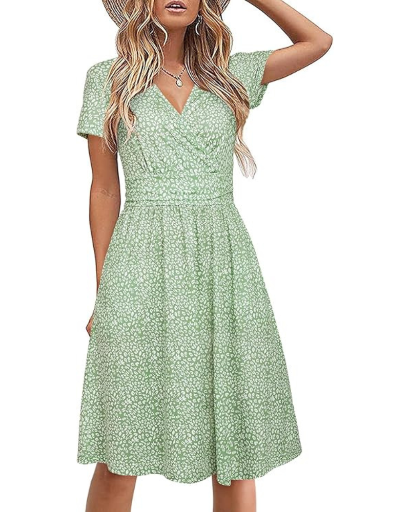Vestito Donna Genesis – Stampa Floreale, Scollo a V Incrociato &amp; Tasche, Taglio A-Line Elegante