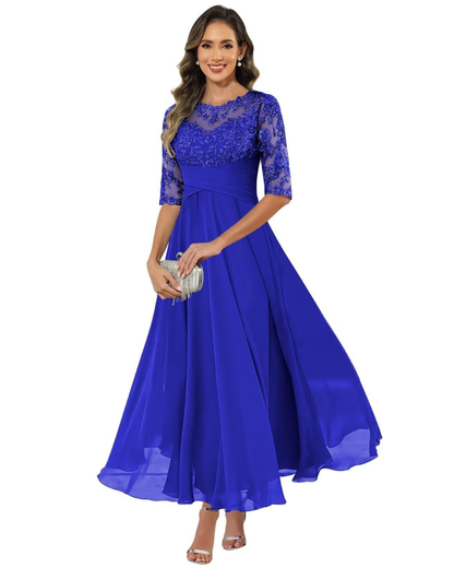 Olanthe Abito da Sera Donna – Pizzo e Mussola, Maniche 3/4 e Taglio A-Line Elegante