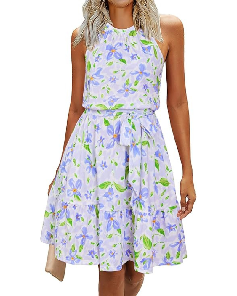 Bloom Robe Donna – Collo Halter, Stampa Floreale &amp; Tasche, Taglio A-Line, Lunghezza al Ginocchio