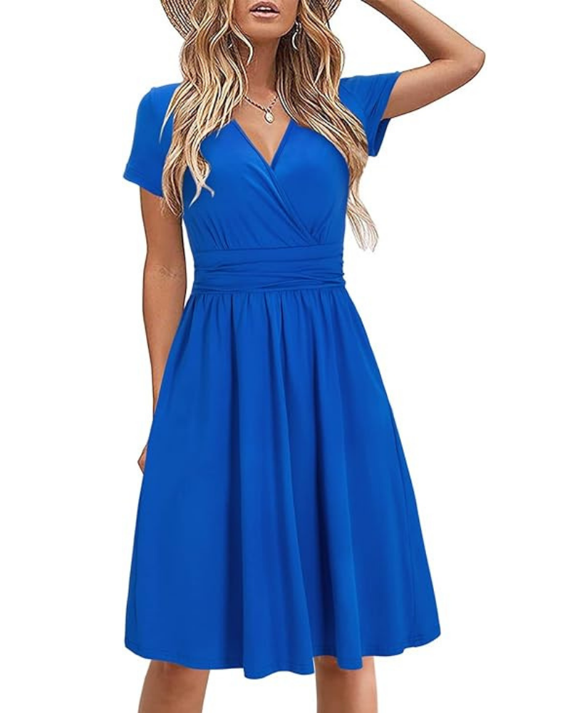 Vestito Donna Genesis – Stampa Floreale, Scollo a V Incrociato &amp; Tasche, Taglio A-Line Elegante