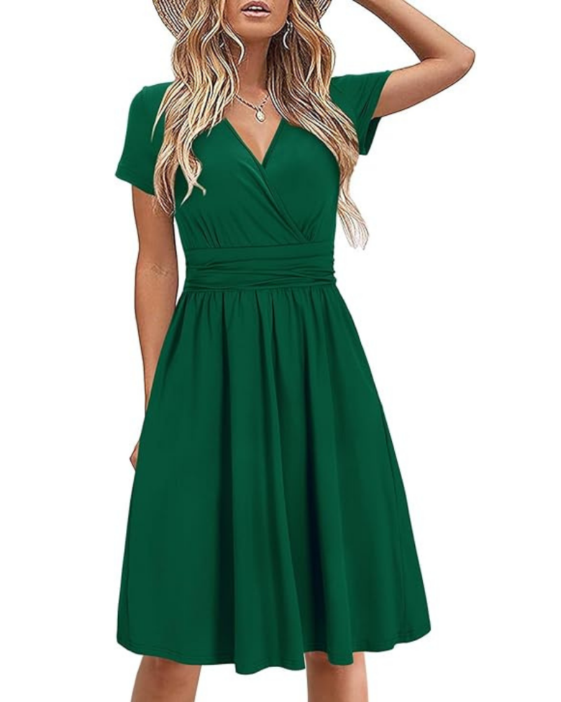 Vestito Donna Genesis – Stampa Floreale, Scollo a V Incrociato &amp; Tasche, Taglio A-Line Elegante