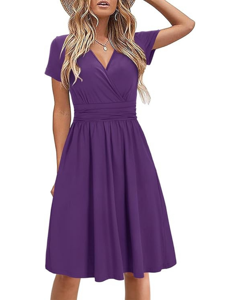 Vestito Donna Genesis – Stampa Floreale, Scollo a V Incrociato &amp; Tasche, Taglio A-Line Elegante