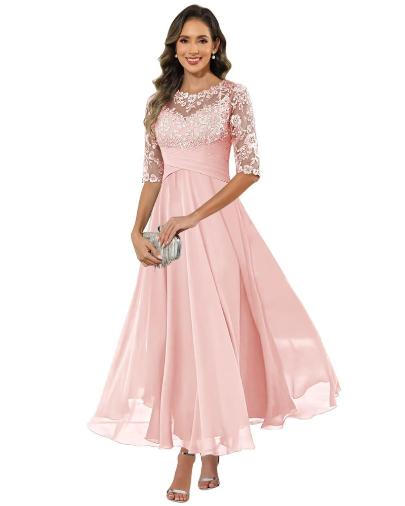 Olanthe Abito da Sera Donna – Pizzo e Mussola, Maniche 3/4 e Taglio A-Line Elegante