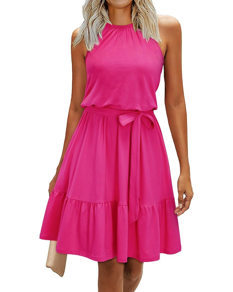 Bloom Robe Donna – Collo Halter, Stampa Floreale &amp; Tasche, Taglio A-Line, Lunghezza al Ginocchio