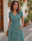 Vestito Donna Ester – Abito Estivo Midi con Scollo a V, Maniche Corte, Bottoni, Vita Impero, Tasche