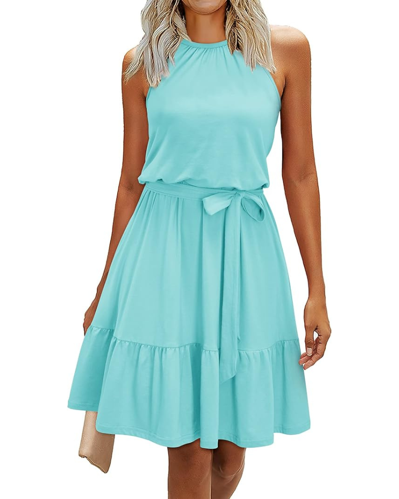 Bloom Robe Donna – Collo Halter, Stampa Floreale &amp; Tasche, Taglio A-Line, Lunghezza al Ginocchio