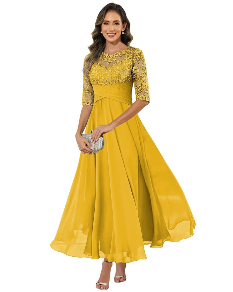 Olanthe Abito da Sera Donna – Pizzo e Mussola, Maniche 3/4 e Taglio A-Line Elegante