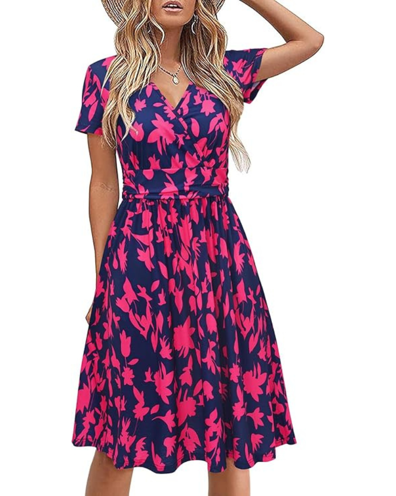 Vestito Donna Genesis – Stampa Floreale, Scollo a V Incrociato &amp; Tasche, Taglio A-Line Elegante
