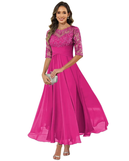 Olanthe Abito da Sera Donna – Pizzo e Mussola, Maniche 3/4 e Taglio A-Line Elegante