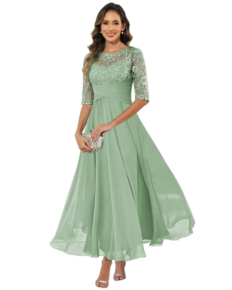 Olanthe Abito da Sera Donna – Pizzo e Mussola, Maniche 3/4 e Taglio A-Line Elegante