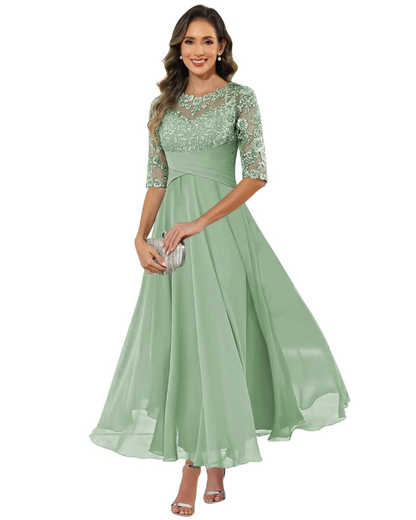 Olanthe Abito da Sera Donna – Pizzo e Mussola, Maniche 3/4 e Taglio A-Line Elegante