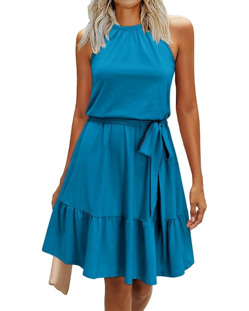 Bloom Robe Donna – Collo Halter, Stampa Floreale &amp; Tasche, Taglio A-Line, Lunghezza al Ginocchio
