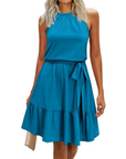 Bloom Robe Donna – Collo Halter, Stampa Floreale & Tasche, Taglio A-Line, Lunghezza al Ginocchio