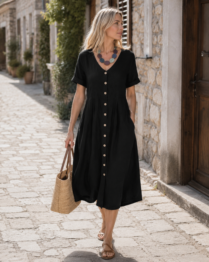 Vestito lungo da donna Glaiza in lino – Scollo a V, con bottoni, maniche corte, taglia grande, estate