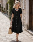 Vestito lungo da donna Glaiza in lino – Scollo a V, con bottoni, maniche corte, taglia grande, estate