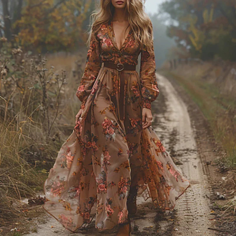 Abito lungo floreale bohemien da donna